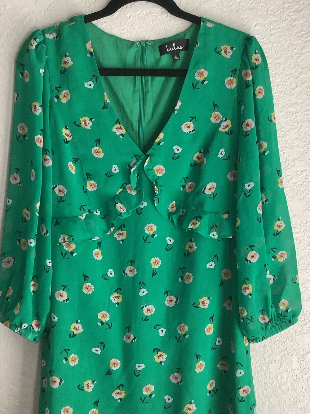 Lulu's Emerald Green Floral V-Neck Ruffle Shift Dress - Picture 2 of 9
